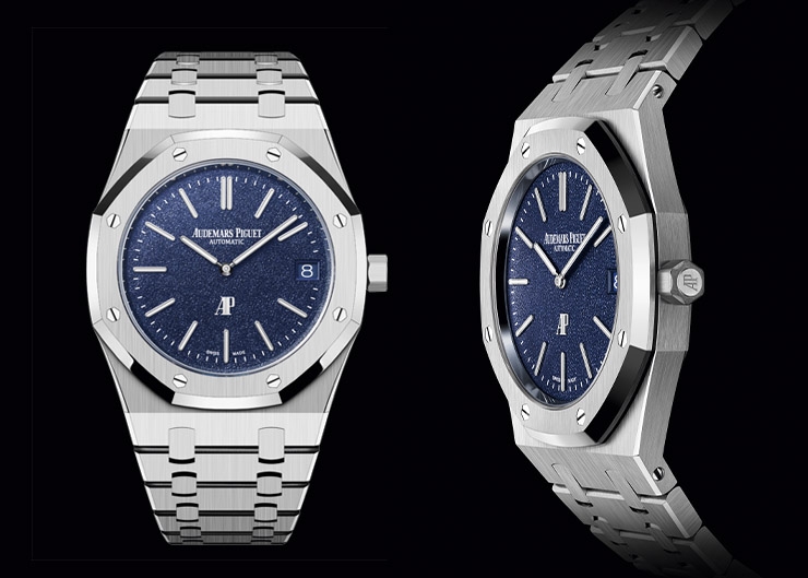 白金材質的Royal Oak「JUMBO」16202BC,採用愛彼全新藍色粒紋錶面