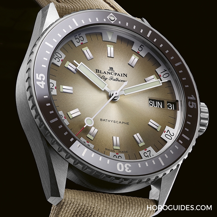 BLANCPAIN - FIFTY FATHOMS - 5052-1146-E52A - 寶珀五十噚深潛器日期及星期腕錶首見沙漠色面盤