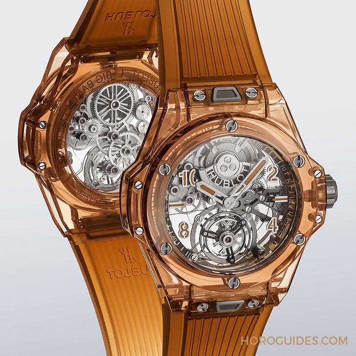 HUBLOT - 2021 LVMH鐘錶週速報|HUBLOT冰橙藍寶石陀飛輪自動上鍊腕錶、陶瓷鍊帶計時碼錶