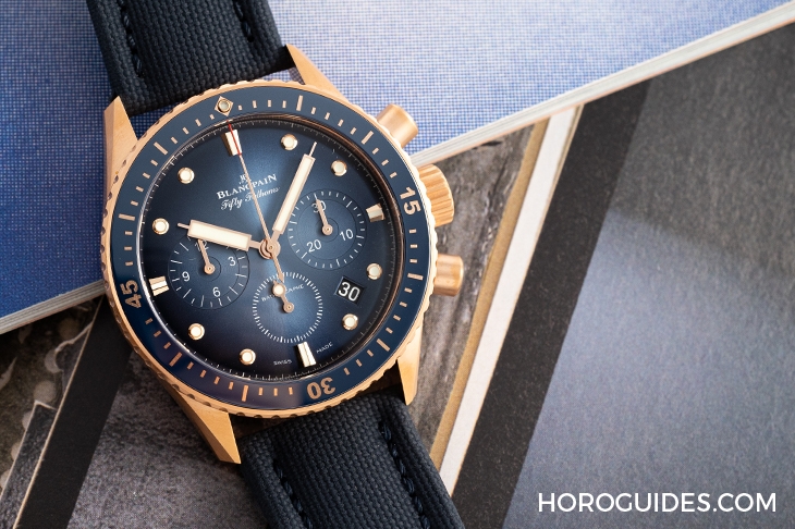 BLANCPAIN - FIFTY FATHOMS - 5200-3640-O52B - 18K紅金藍面、23級鈦灰面,Blancpain五十噚深潛器飛返計時碼錶兩款延伸新作