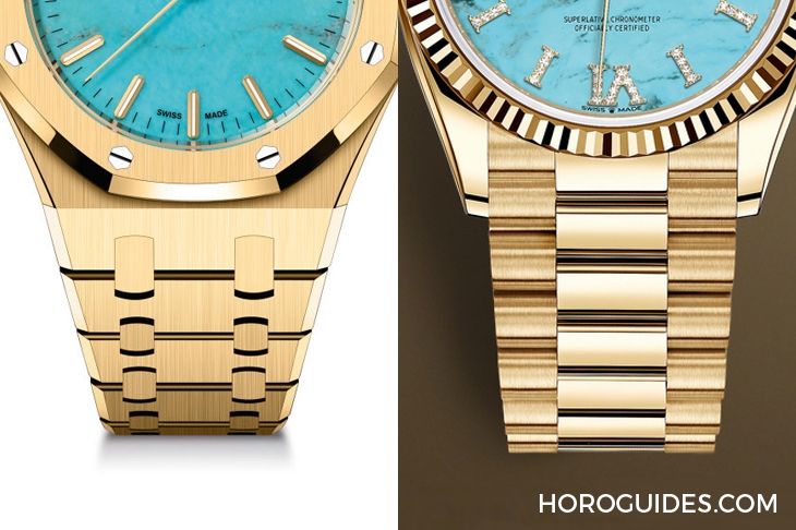 AUDEMARS PIGUET - ROYAL OAK - 15550BA.OO.1356BA.01 - 綠松石加持，高配版藍綠色調面盤來勢洶洶！這樣的寶石面黃金鍊帶錶，你選AP還是Rolex？