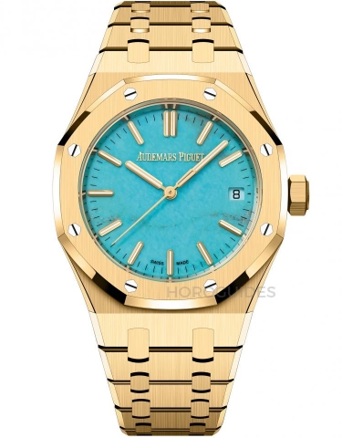 AUDEMARS PIGUET - ROYAL OAK - 15550BA.OO.1356BA.01 - 綠松石加持，高配版藍綠色調面盤來勢洶洶！這樣的寶石面黃金鍊帶錶，你選AP還是Rolex？