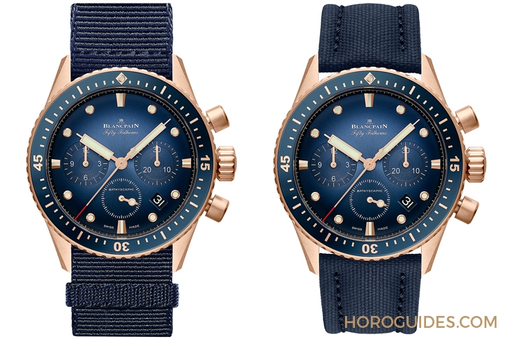BLANCPAIN - FIFTY FATHOMS - 5200-3640-O52B - 18K紅金藍面、23級鈦灰面，Blancpain五十噚深潛器飛返計時碼錶兩款延伸新作
