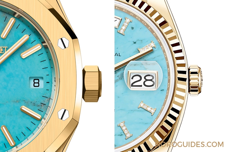 AUDEMARS PIGUET - ROYAL OAK - 15550BA.OO.1356BA.01 - 綠松石加持，高配版藍綠色調面盤來勢洶洶！這樣的寶石面黃金鍊帶錶，你選AP還是Rolex？