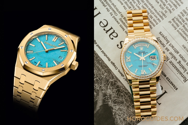 AUDEMARS PIGUET - ROYAL OAK - 15550BA.OO.1356BA.01 - 綠松石加持，高配版藍綠色調面盤來勢洶洶！這樣的寶石面黃金鍊帶錶，你選AP還是Rolex？