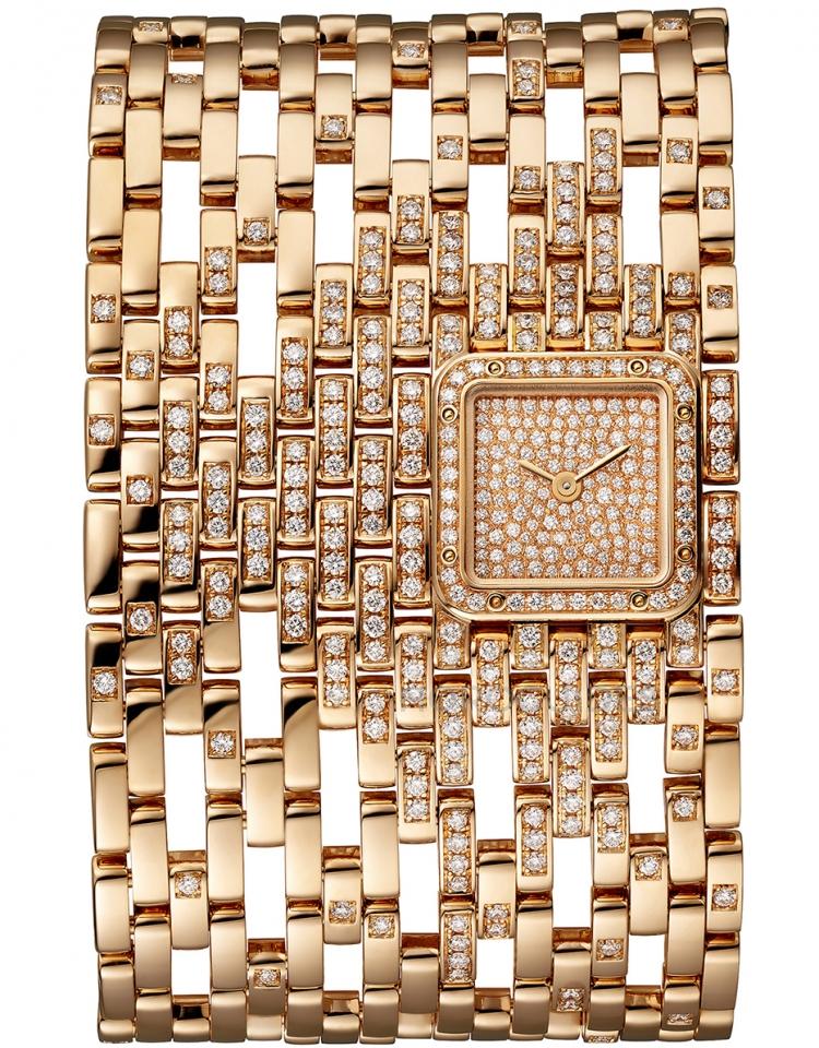 （PANTHÈRE DE CARTIER手環腕錶-玫瑰金鑲嵌鑽石-超大型款）